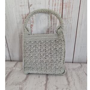 Vintage Esprit Crochet Handbag Grey Knit Shell Stitch Top Handle Purse Y2K 90s